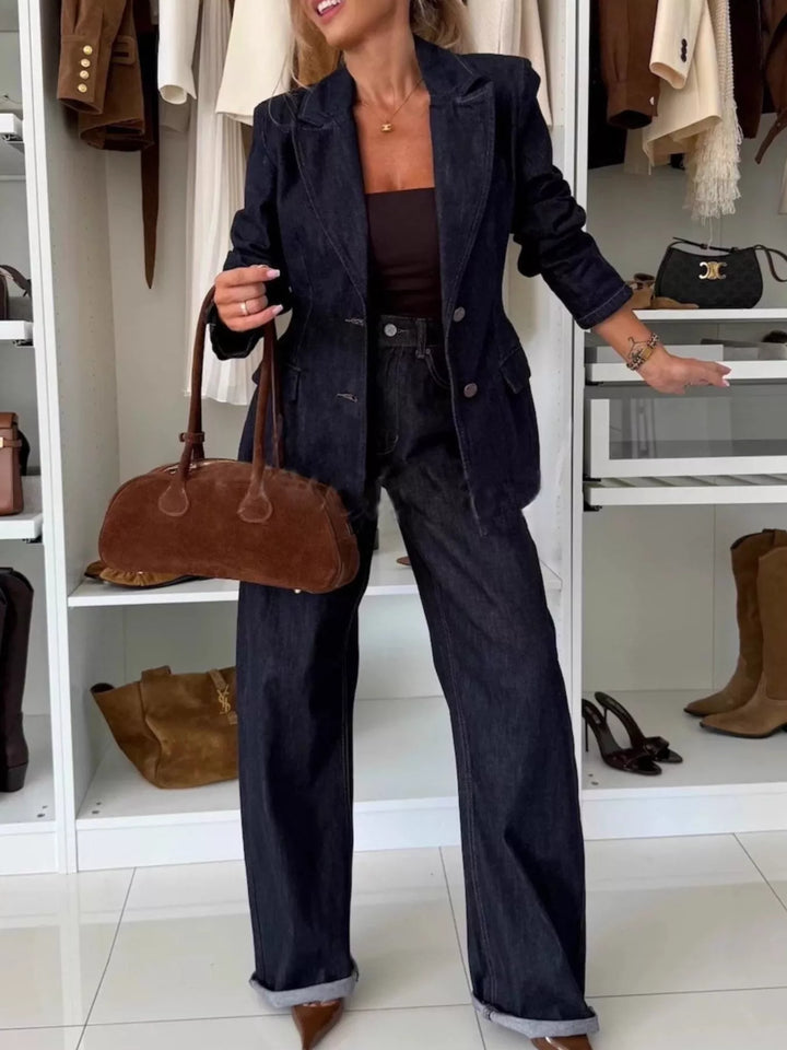 Single-breasted denim blazer and wide-leg jeans set