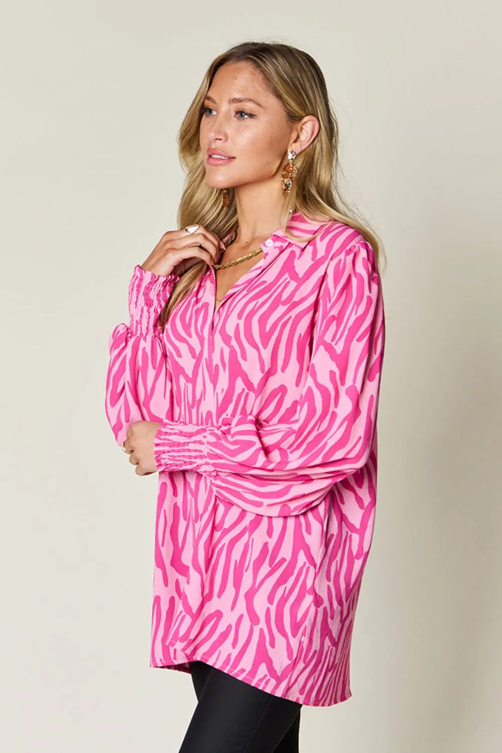 Zebra print smocked-cuff long sleeve blouse