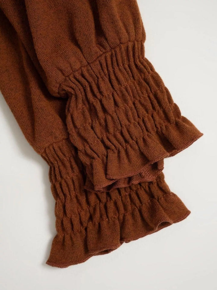 Pintuck front crew neck top with smocked lantern sleeves