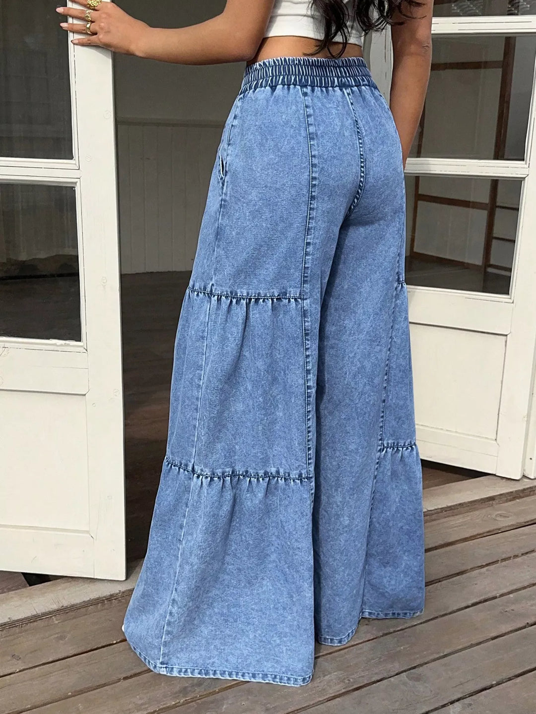 Tiered wide leg denim pants with drawstring waist