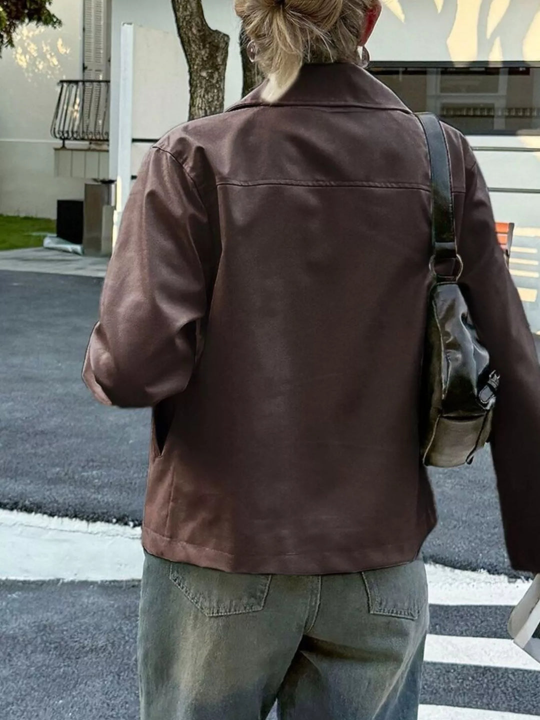 Collared faux leather zip-up jacket with patch pockets