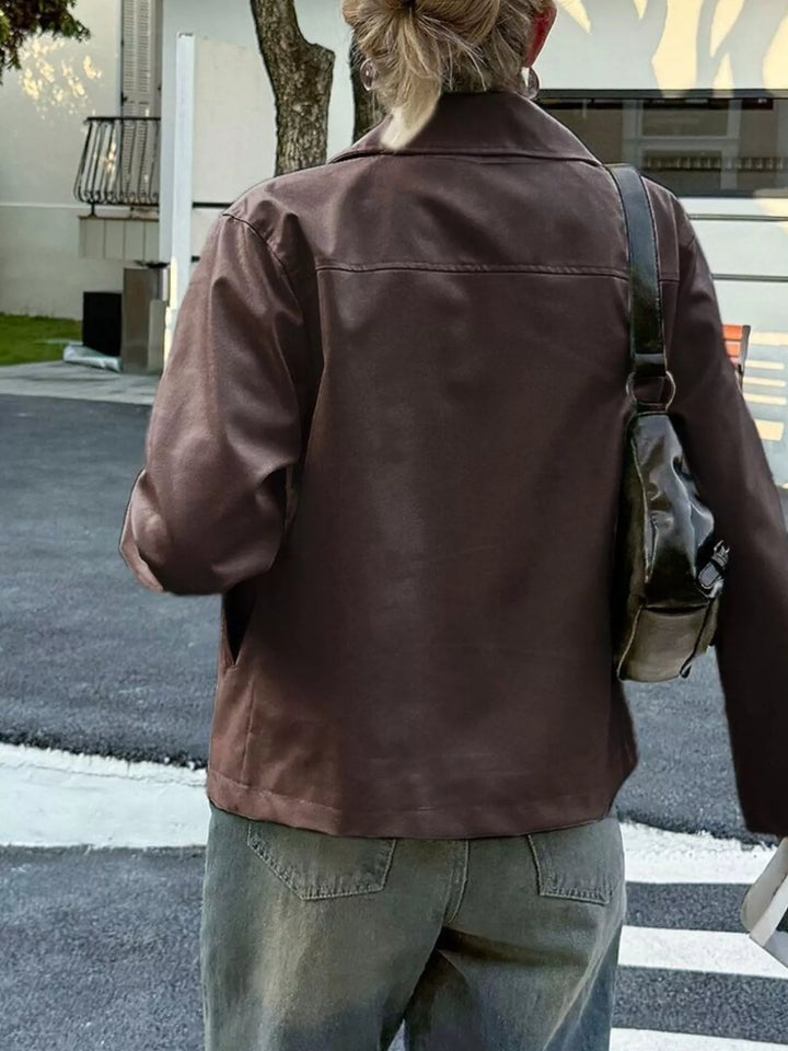 Collared faux leather zip-up jacket with patch pockets