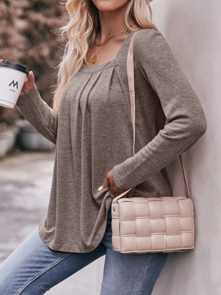Pleated square neck long sleeve knit top