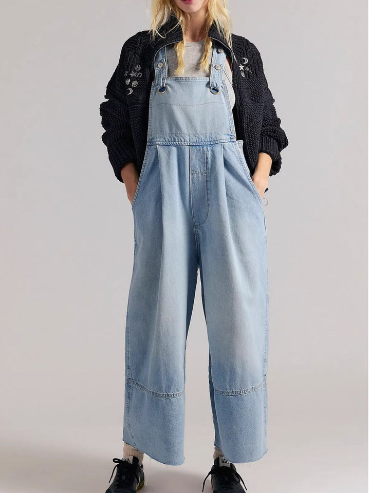 Light Blue Pleated wide-leg denim overalls with raw hem