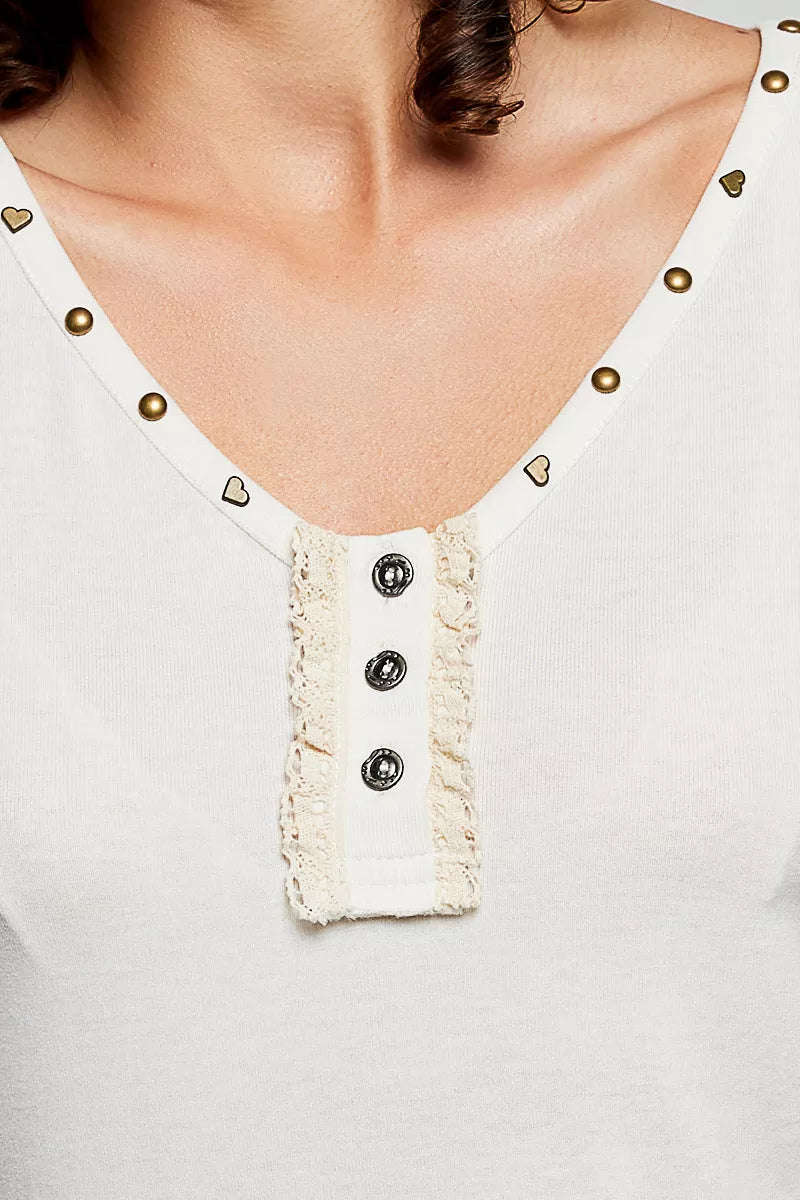 Studded V-neck sleeveless knit tank with button-front ruffle