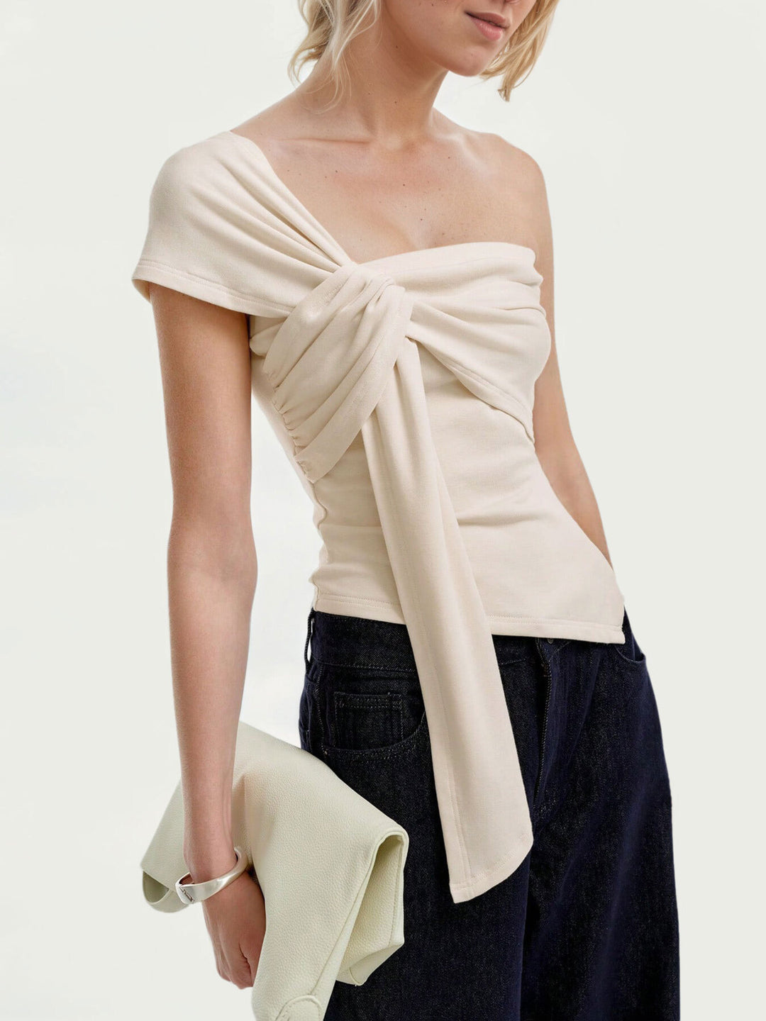 One-shoulder tie top with twist knot detail