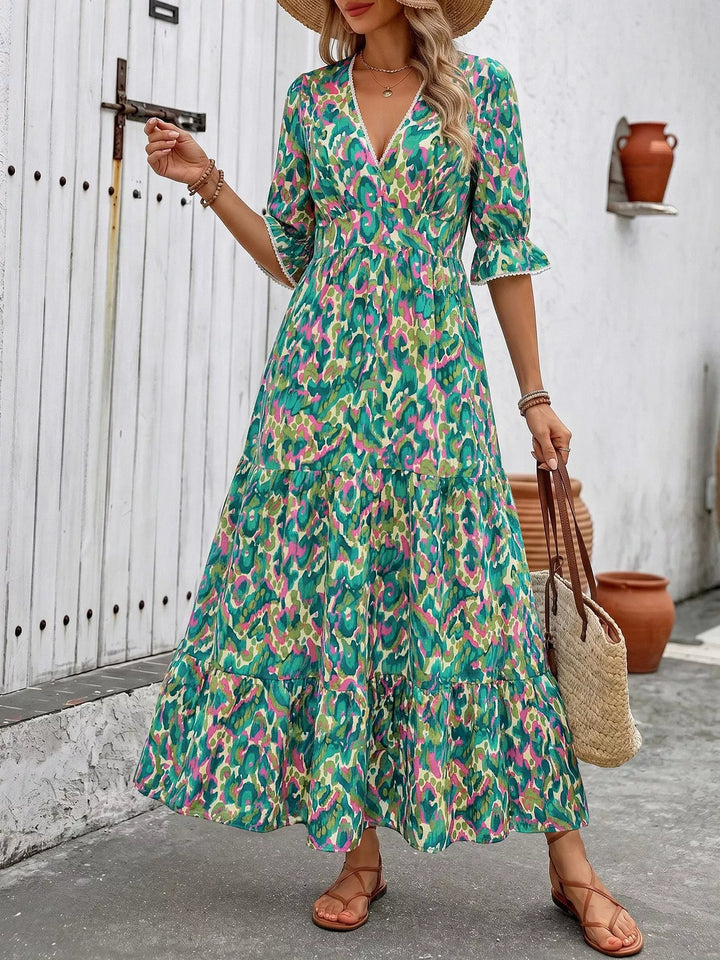 Green Abstract print v-neck flounce sleeve tiered maxi dress