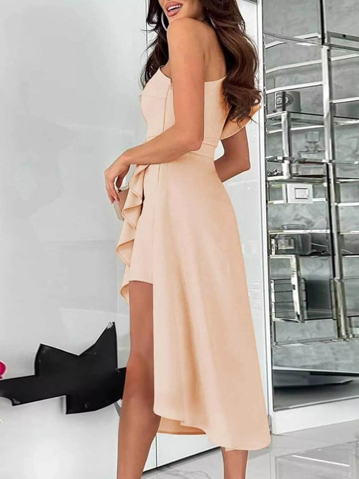 One-shoulder ruffle high-low cocktail dress