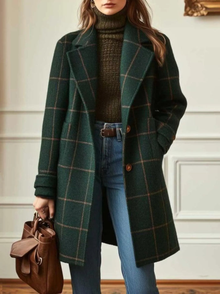 Dark Green Windowpane plaid longline single-breasted overcoat