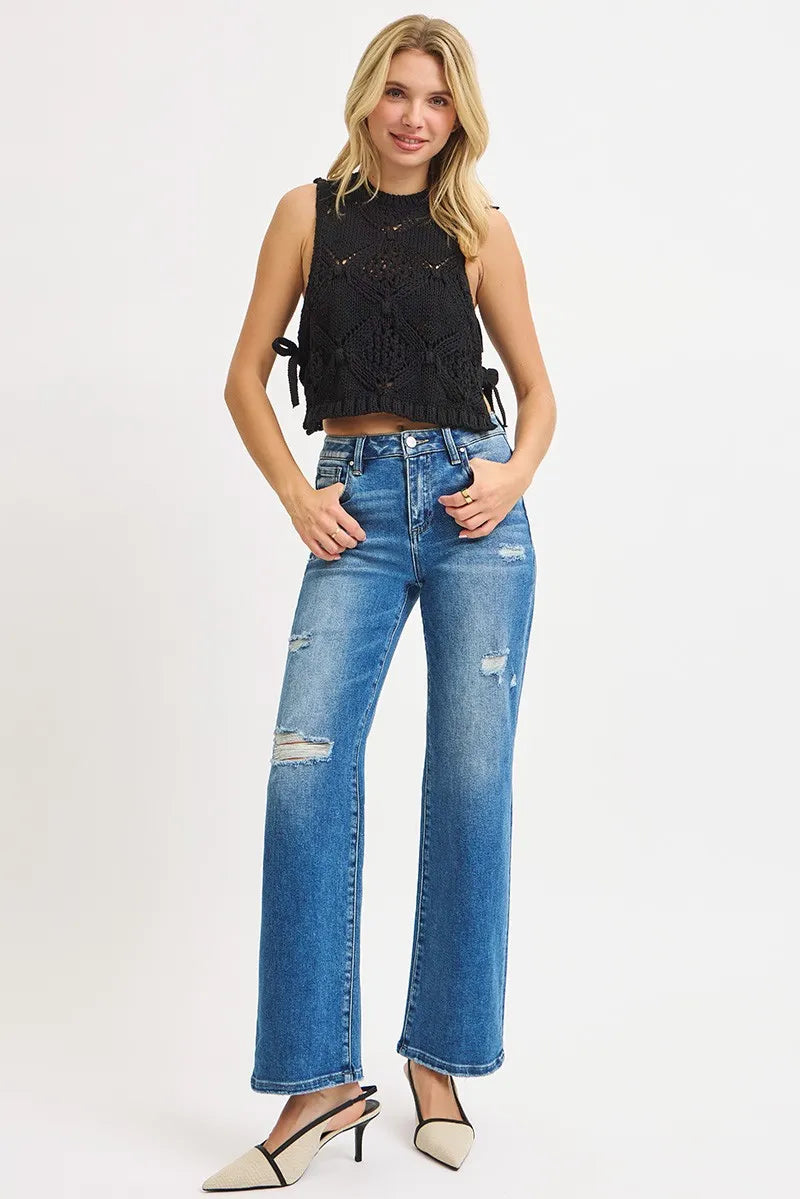 Distressed high-rise straight-leg ankle jeans