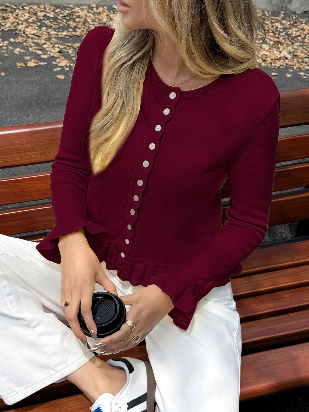 Ruffled trim button-up knit cardigan with crew neck