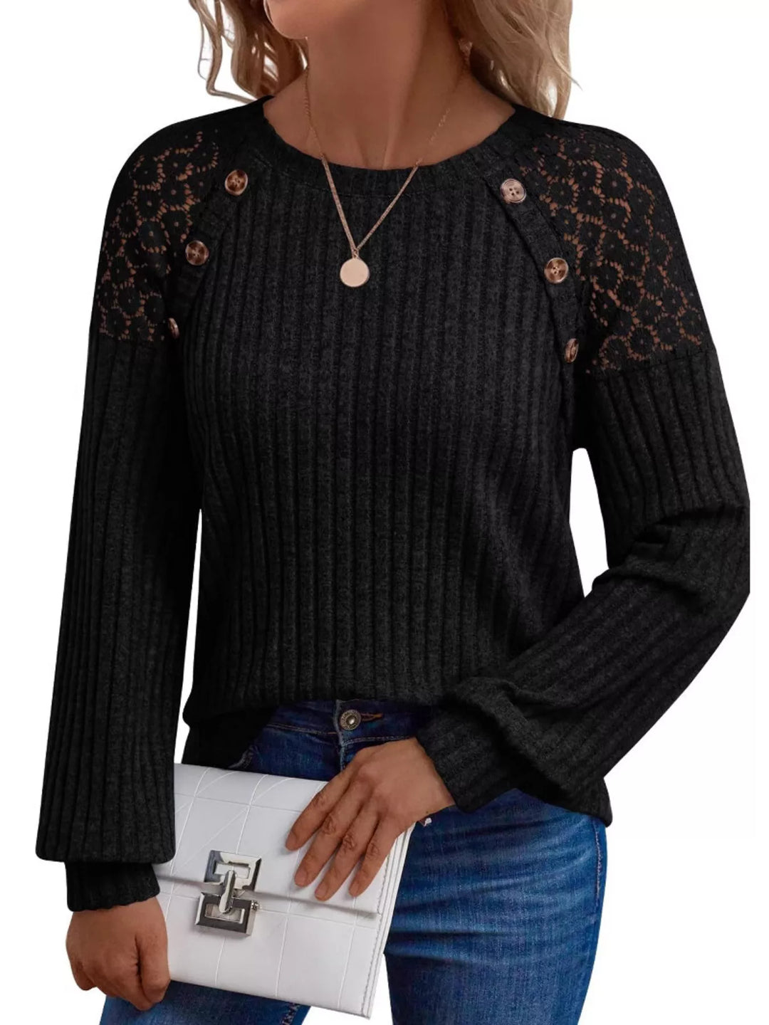 Ribbed knit long sleeve top with lace shoulder detail