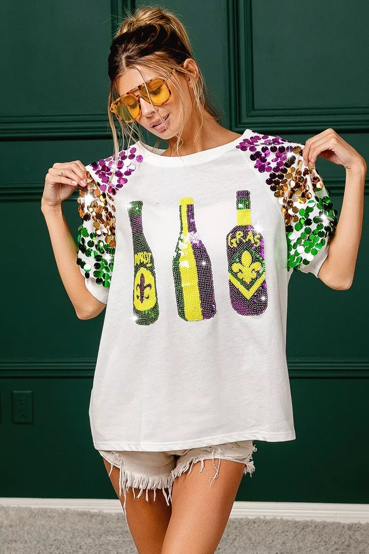Sequin Mardi Gras bottles graphic tee with paillette sleeves