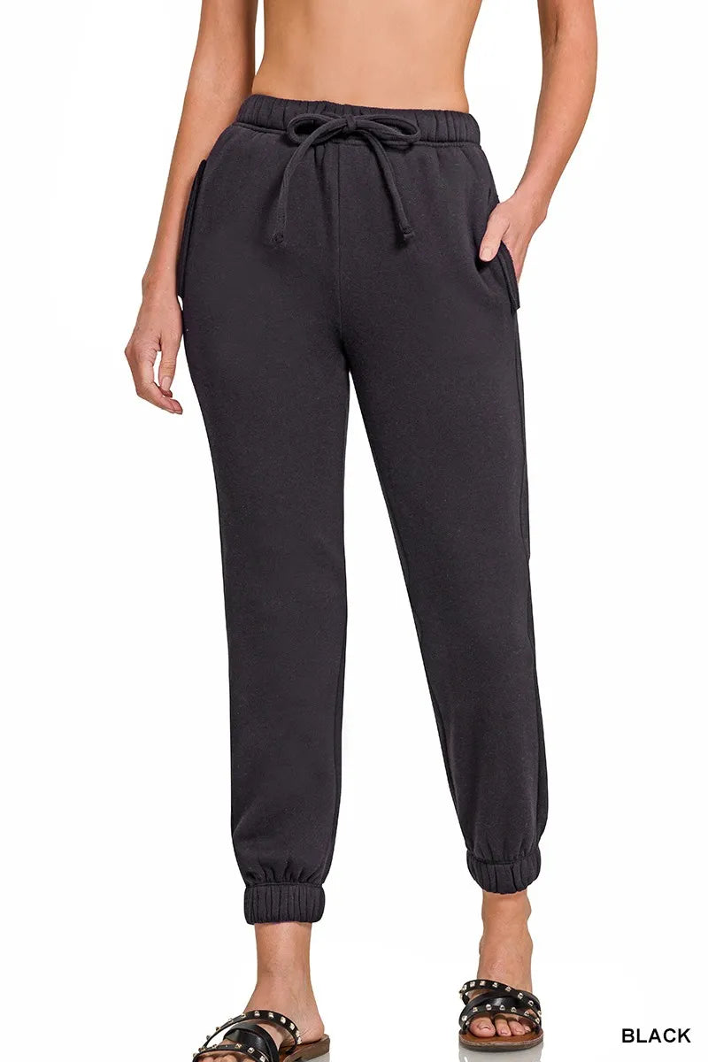 BLACK Fleece drawstring jogger pants with side pockets