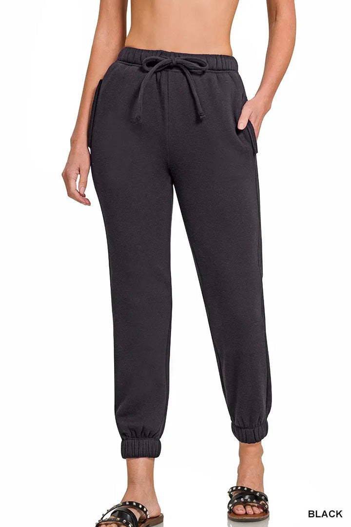 BLACK Fleece drawstring jogger pants with side pockets