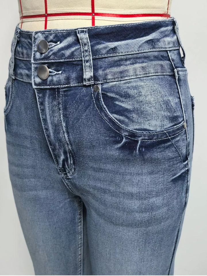 Faded high-rise flare jeans with double-button waist
