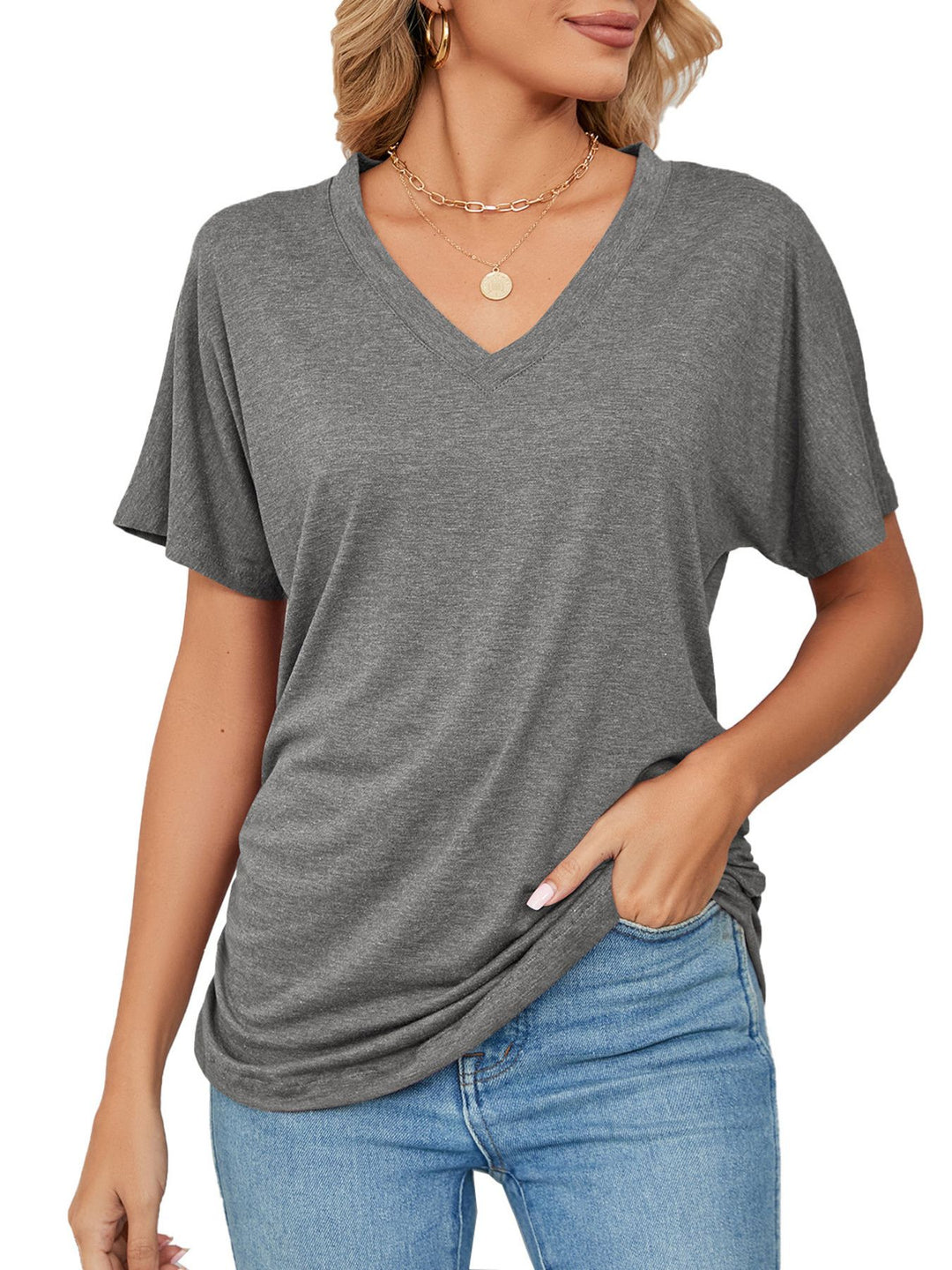 Grey Relaxed V-neck short sleeve tee with drop shoulders
