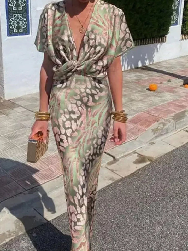 Sage Twist-front animal print V-neck maxi dress