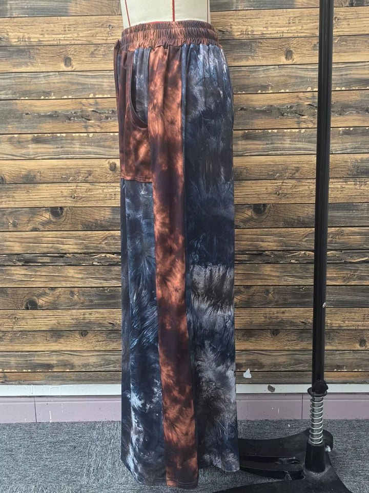Tie-dye wide-leg drawstring pants with side slit