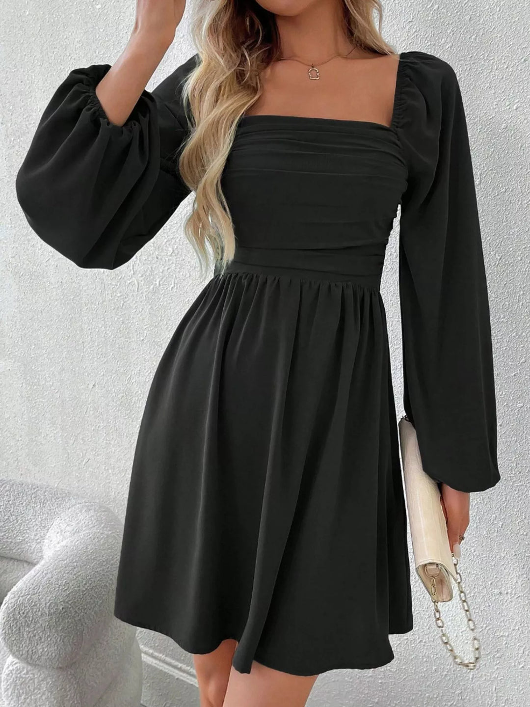 Ruched square-neck balloon sleeve A-line mini dress