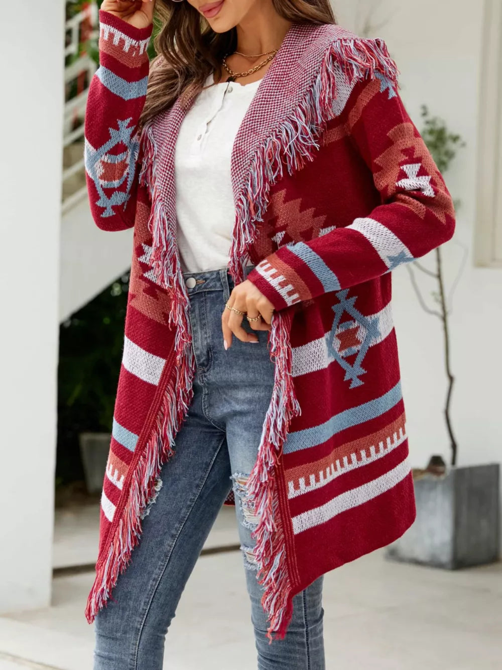 Fringe-trim geometric knit hooded cardigan, open front