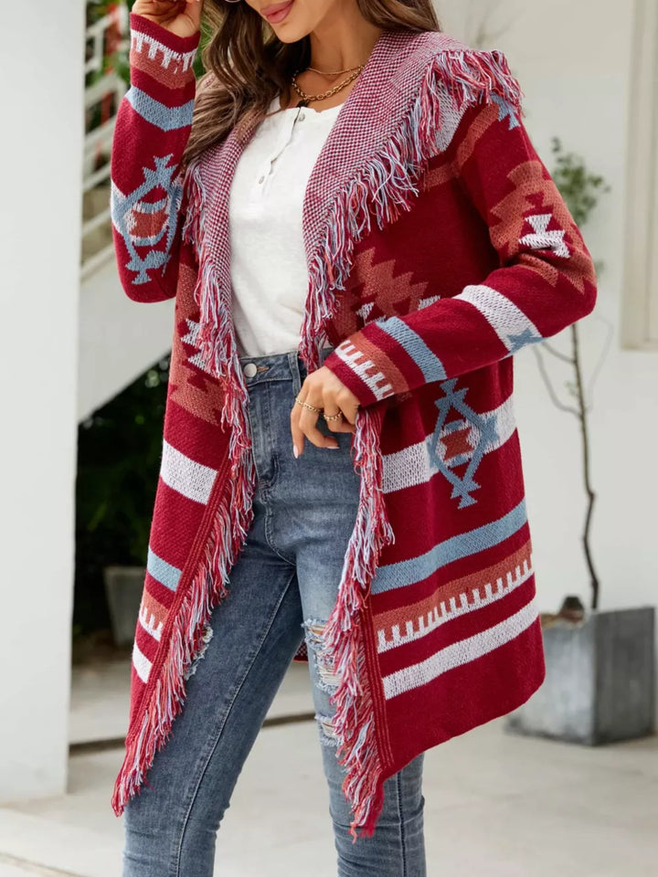 Fringe-trim geometric knit hooded cardigan, open front
