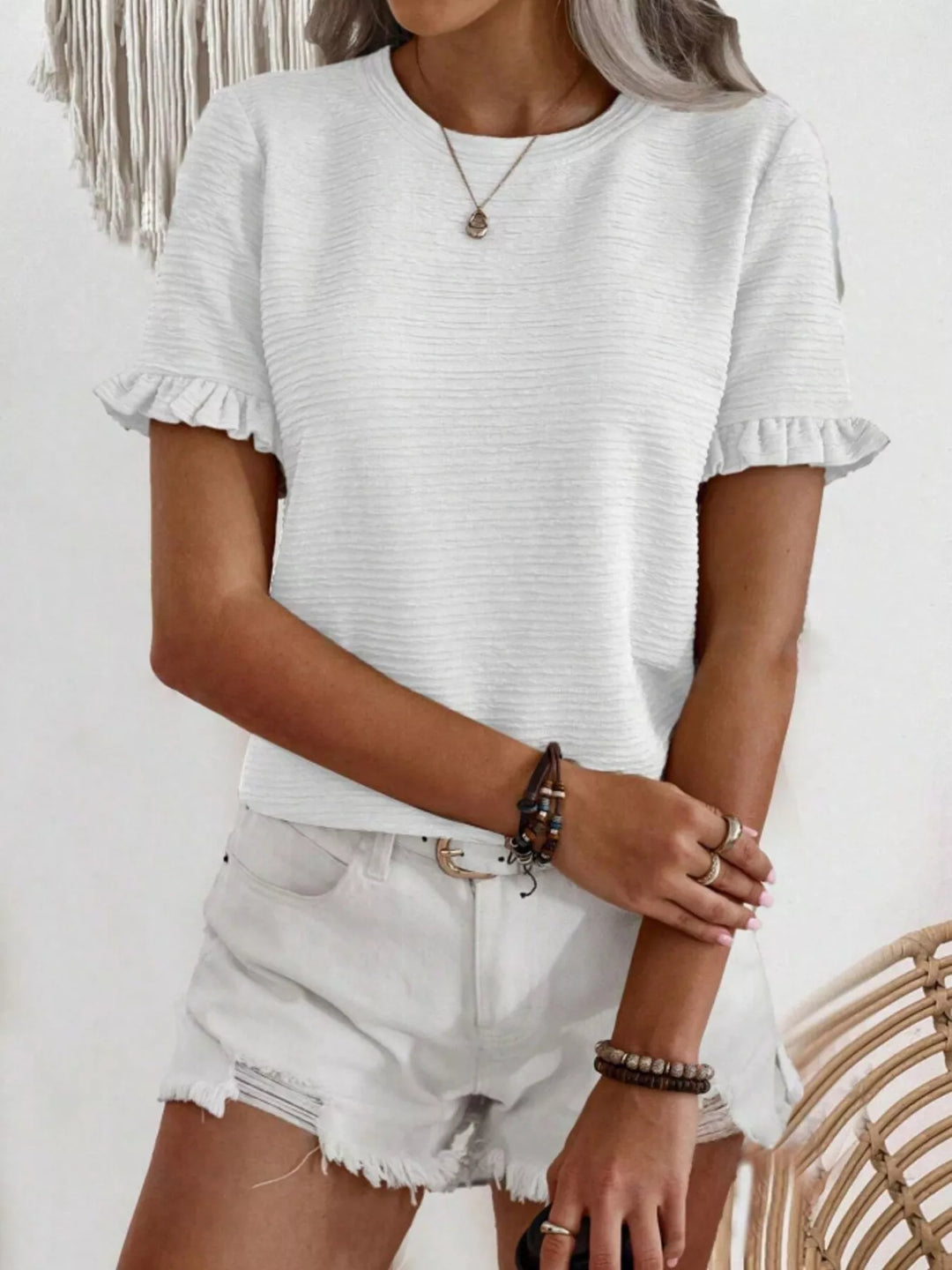 Ruffle-cuff crew neck top with crinkle texture