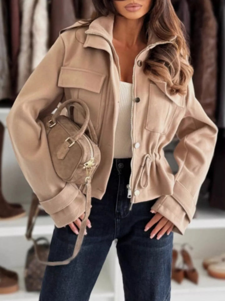 Apricot Drawstring waist button-up cropped jacket