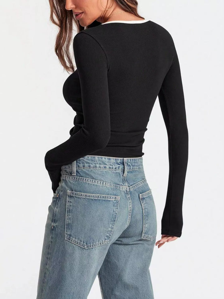 Ribbed contrast-trim square neck long sleeve top
