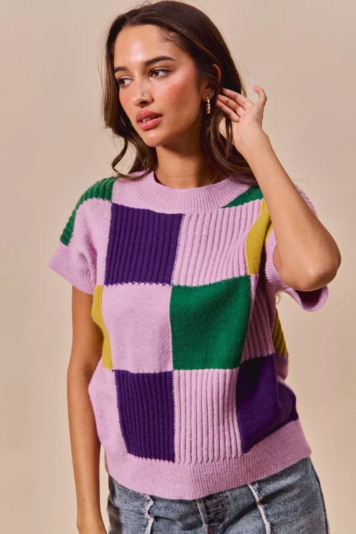 Checkerboard color-block short sleeve sweater top