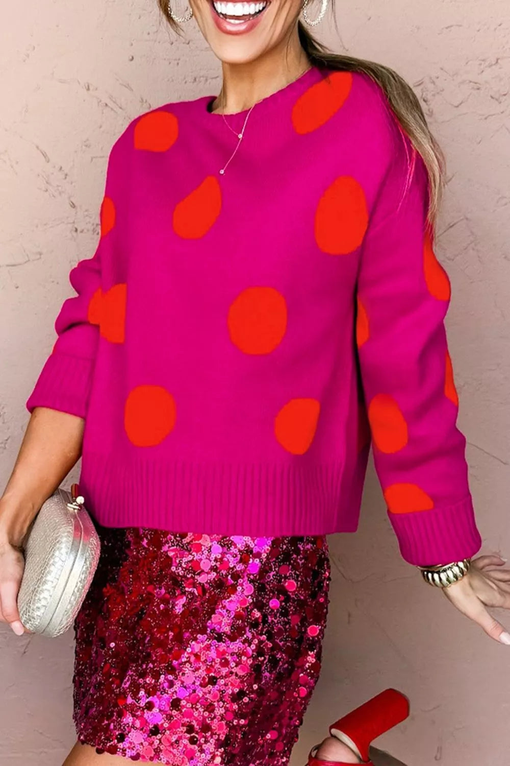 Deep Rose Polka dot drop shoulder crew neck sweater