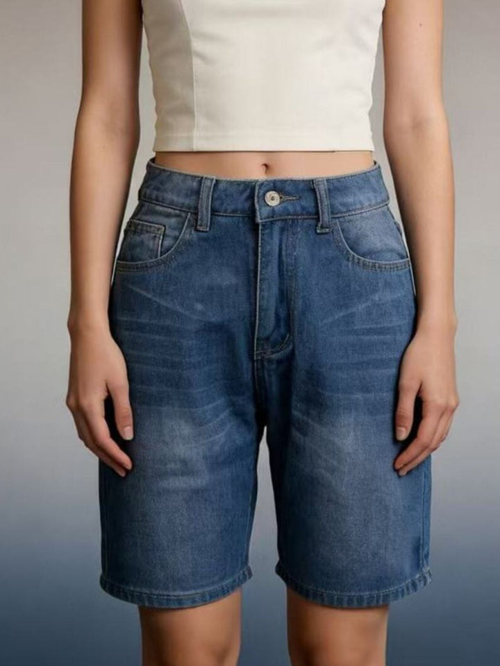 High-rise bermuda denim shorts with whiskered front