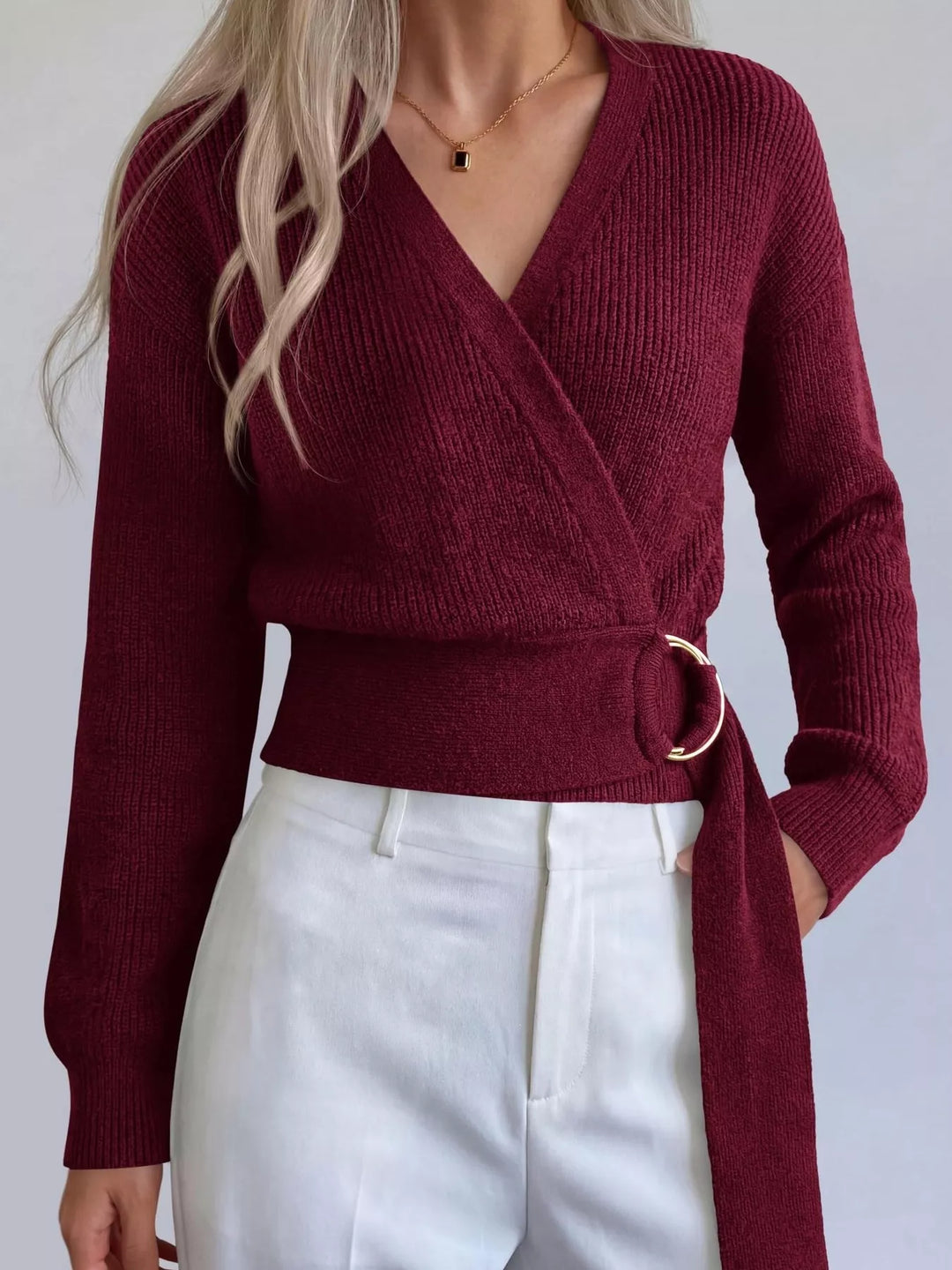 Burgundy Ribbed knit wrap sweater with gold O-ring belt tie