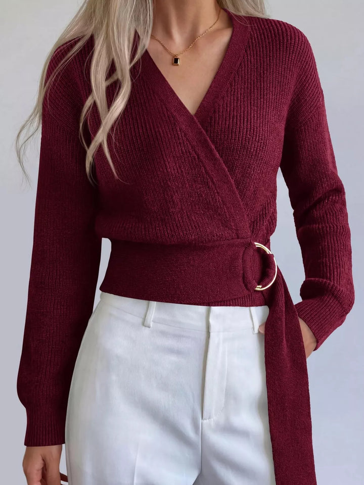 Burgundy Ribbed knit wrap sweater with gold O-ring belt tie