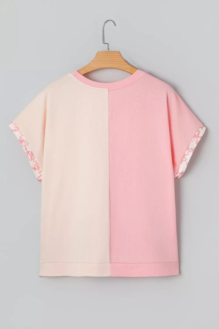 Color block tee with floral appliqué patches