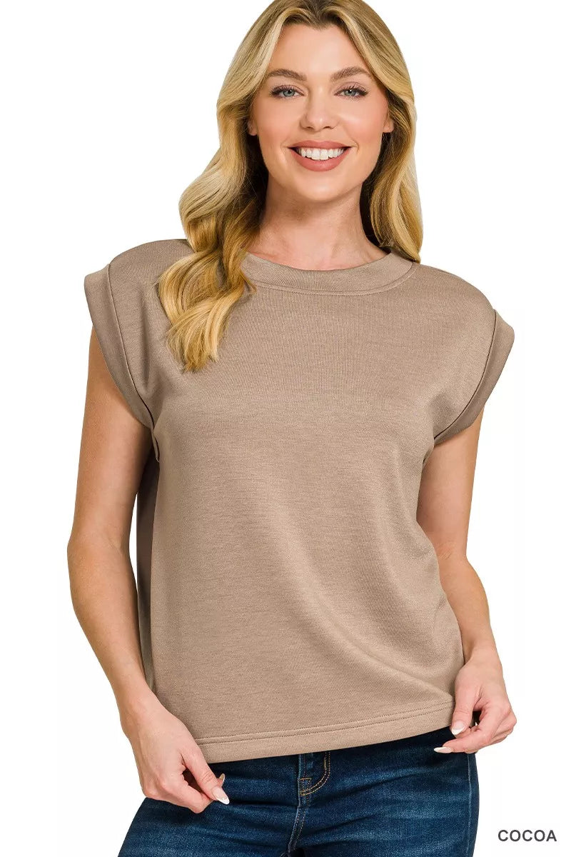 COCOA Structured scuba knit round neck cap sleeve top