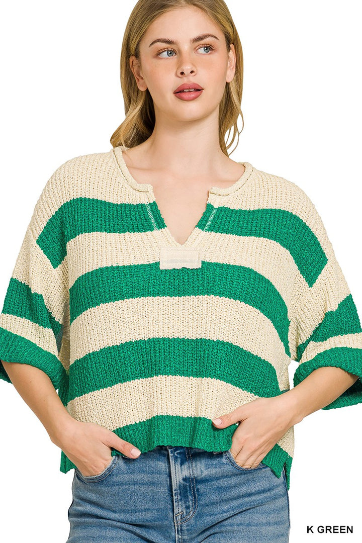 K GREEN Bold stripe split-neck cropped knit sweater