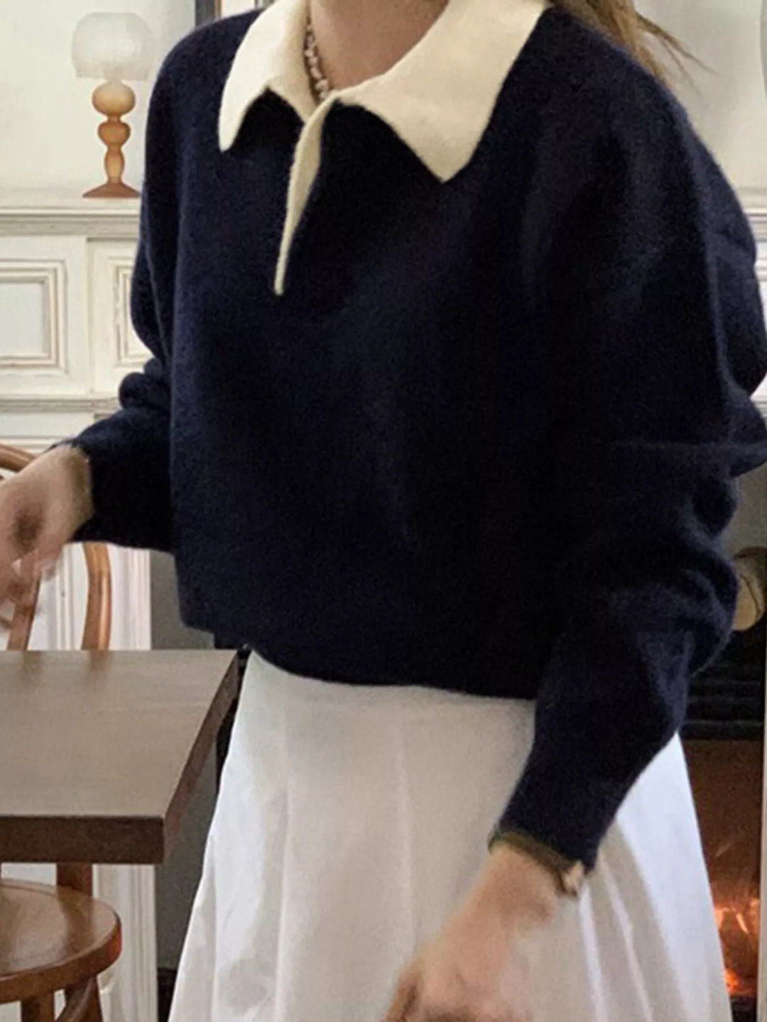Dark Navy Contrast collar dropped-shoulder knit polo sweater