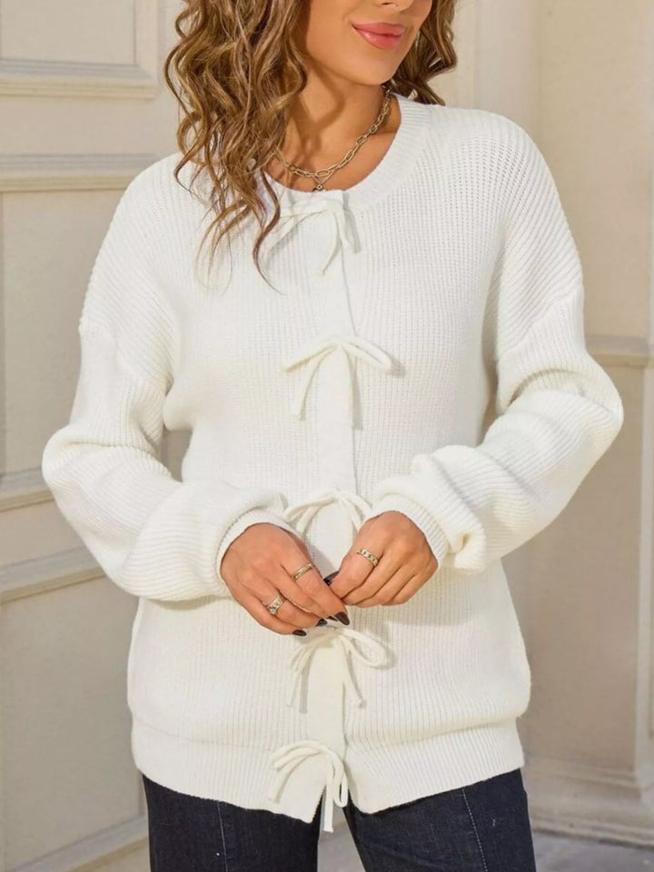 Ribbed knit bow-tie button-front cardigan