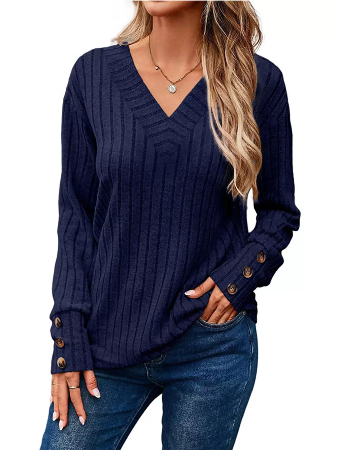 Navy Ribbed knit V-neck top with buttoned cuffs