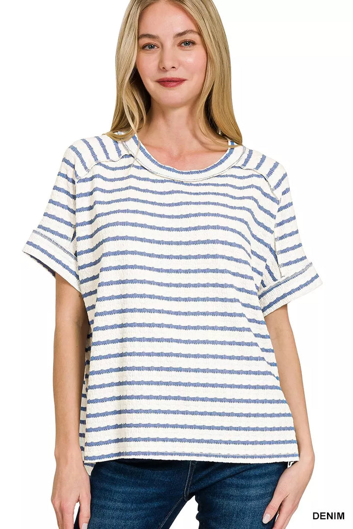 Textured stripe jacquard round neck tee with cuffed sleeves