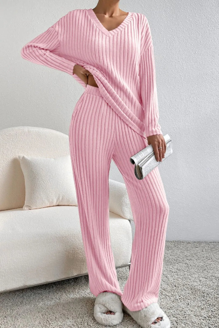 Pink Ribbed knit V-neck top and wide leg pants lounge set