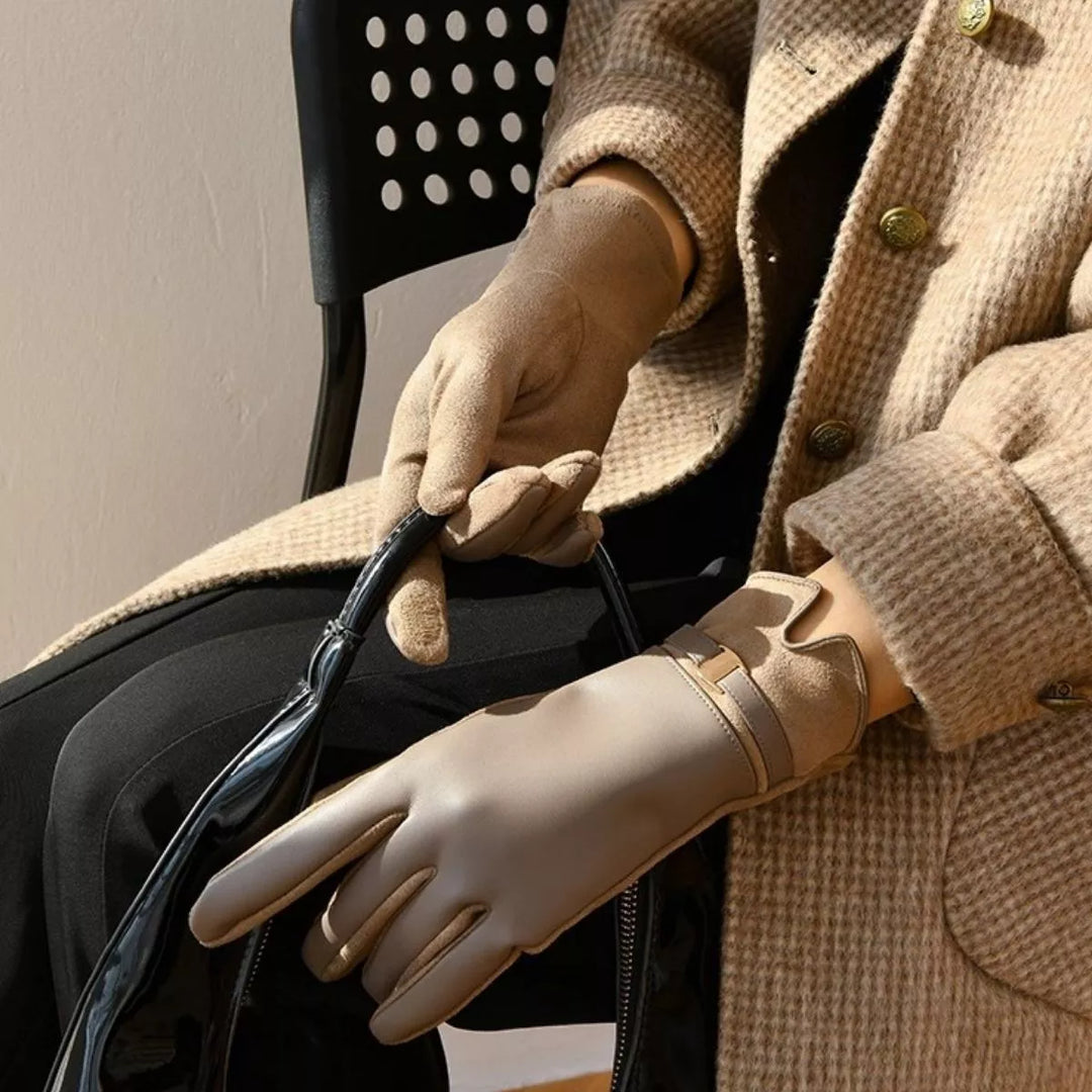 Brown Faux leather gloves with gold buckle strap and suede panels