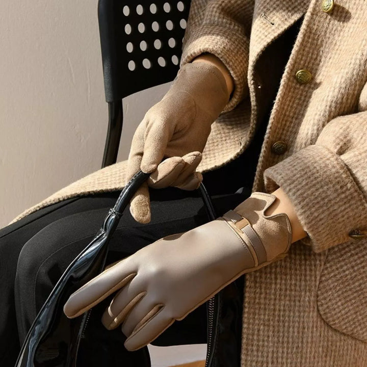Brown Faux leather gloves with gold buckle strap and suede panels