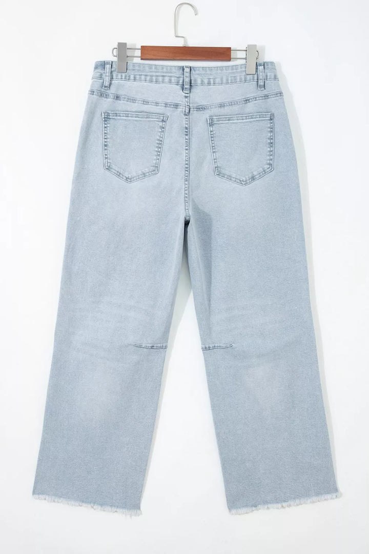 Utility pocket straight leg jeans with raw hem
