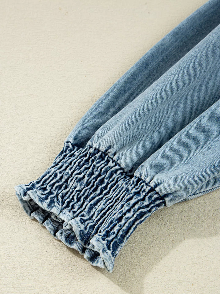 Smocked cuff flared denim mini shirt dress with patch pockets