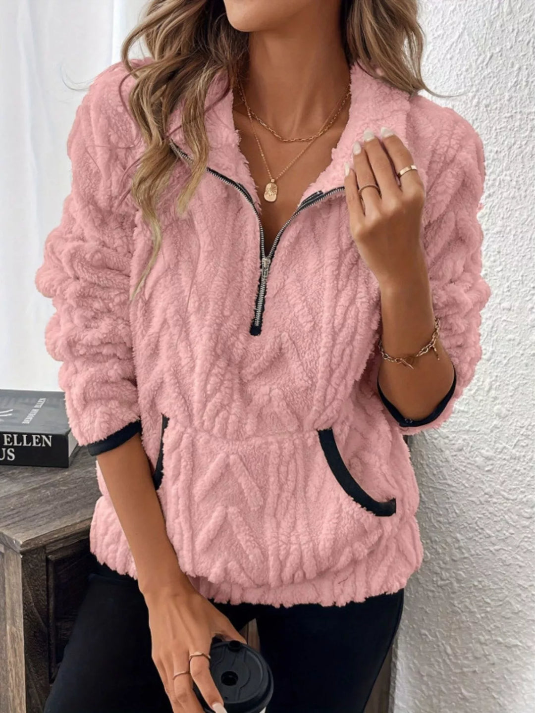 Pink Textured sherpa half-zip pullover with contrast trim
