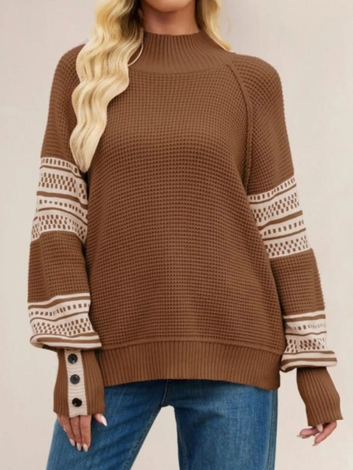 Brown Waffle knit mock neck sweater with geometric sleeve stripes