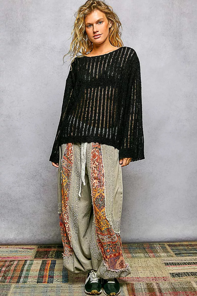 Open-knit round neck long sleeve pullover sweater