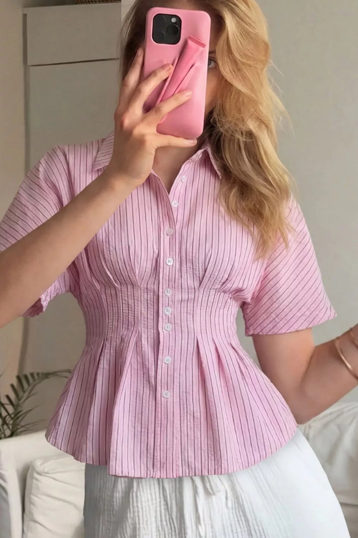 Striped pleated-waist short sleeve button-up shirt